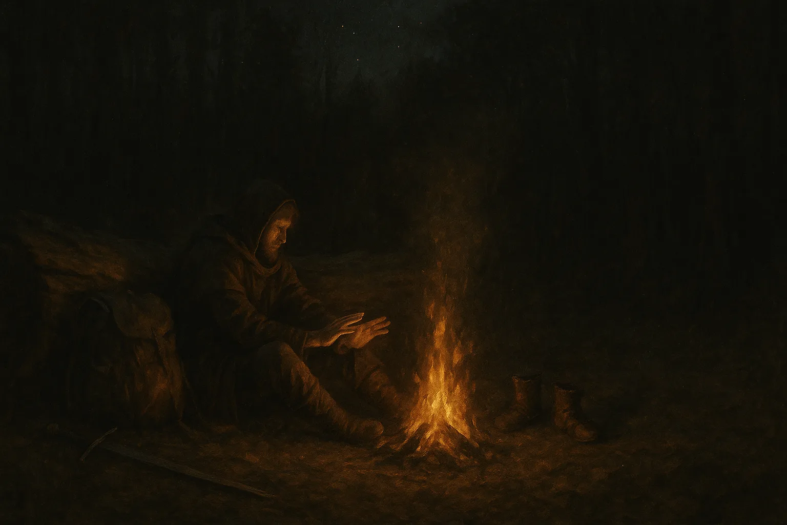 A traveller resting beside a small campfire at night, pack and sword set down within reach