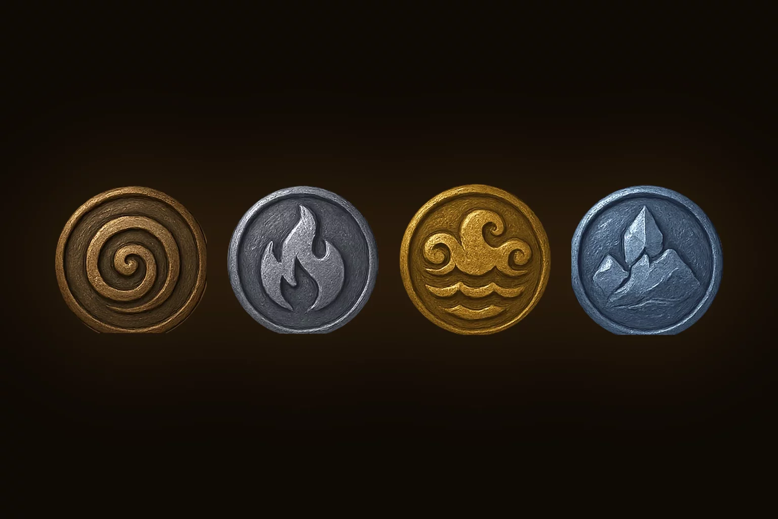 Four mastery medallions in a row on a dark ground: a bronze spiral, a silver flame, a gold wave and a mithril mountain