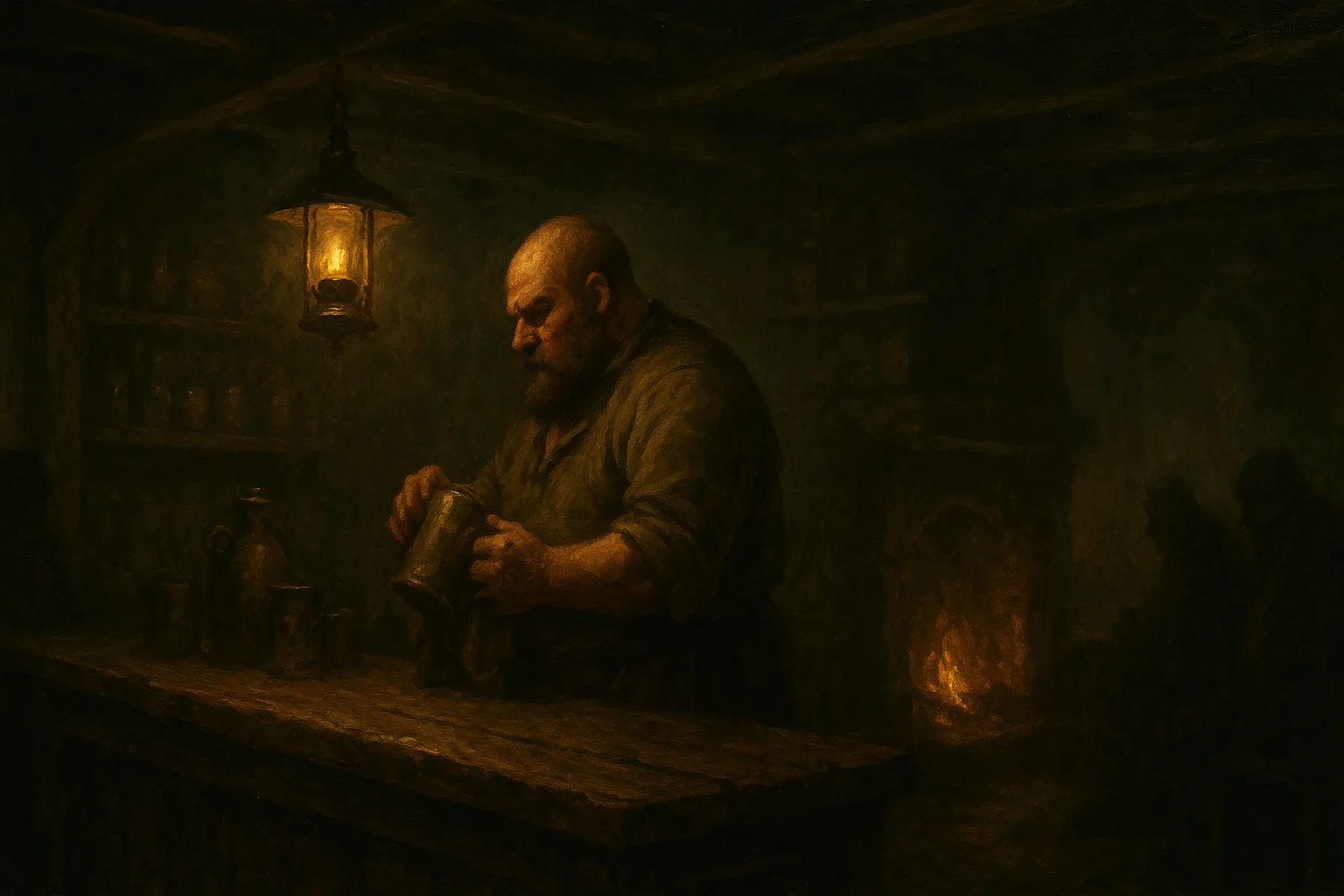 The dim interior of the Rusty Tankard, a broad barkeep working behind a worn wooden bar by lamplight
