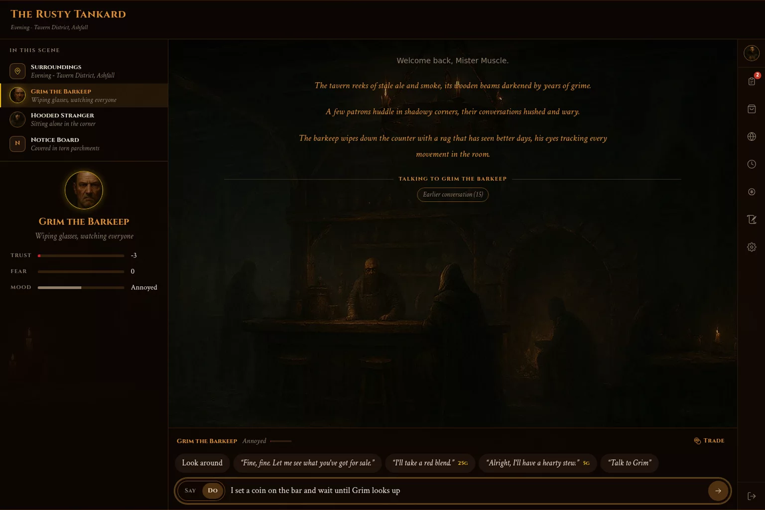 The Rusty Tankard with Grim the Barkeep selected and the composer set to Do, with the line 'I set a coin on the bar and wait until Grim looks up' typed in