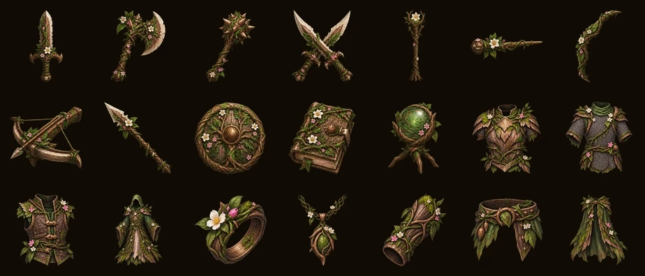 De eenentwintig stukken van de Verdant Bloomguard-set