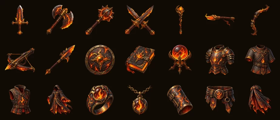 De eenentwintig stukken van de Flamebringer-set