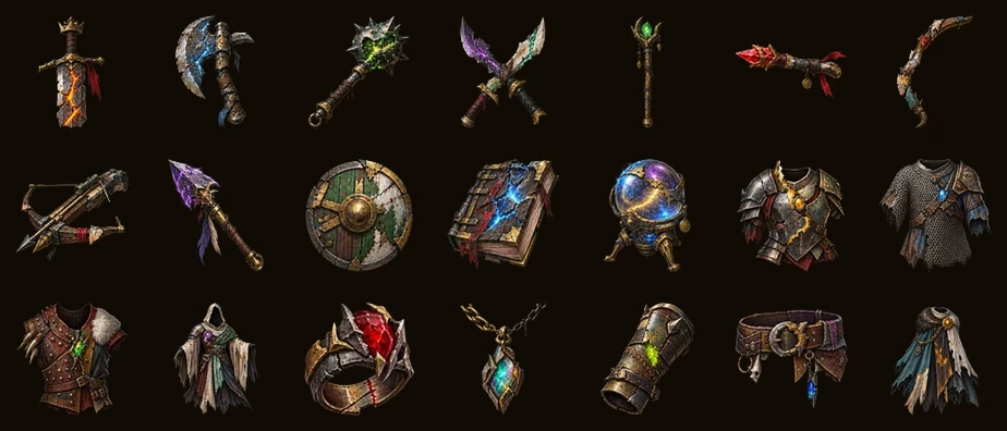 De eenentwintig stukken van de Fractured Crown-set