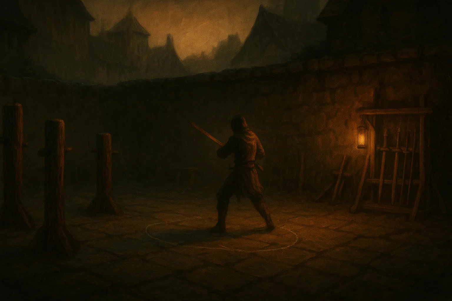 A quiet training yard at dawn with practice posts, a weapon rack and a lone figure drilling with a wooden blade