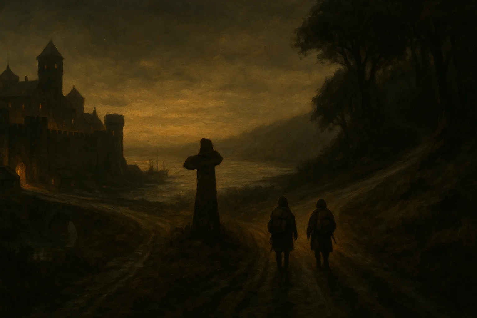 A road forking outside a walled port town at dusk, one branch climbing into hills, the other following the coast