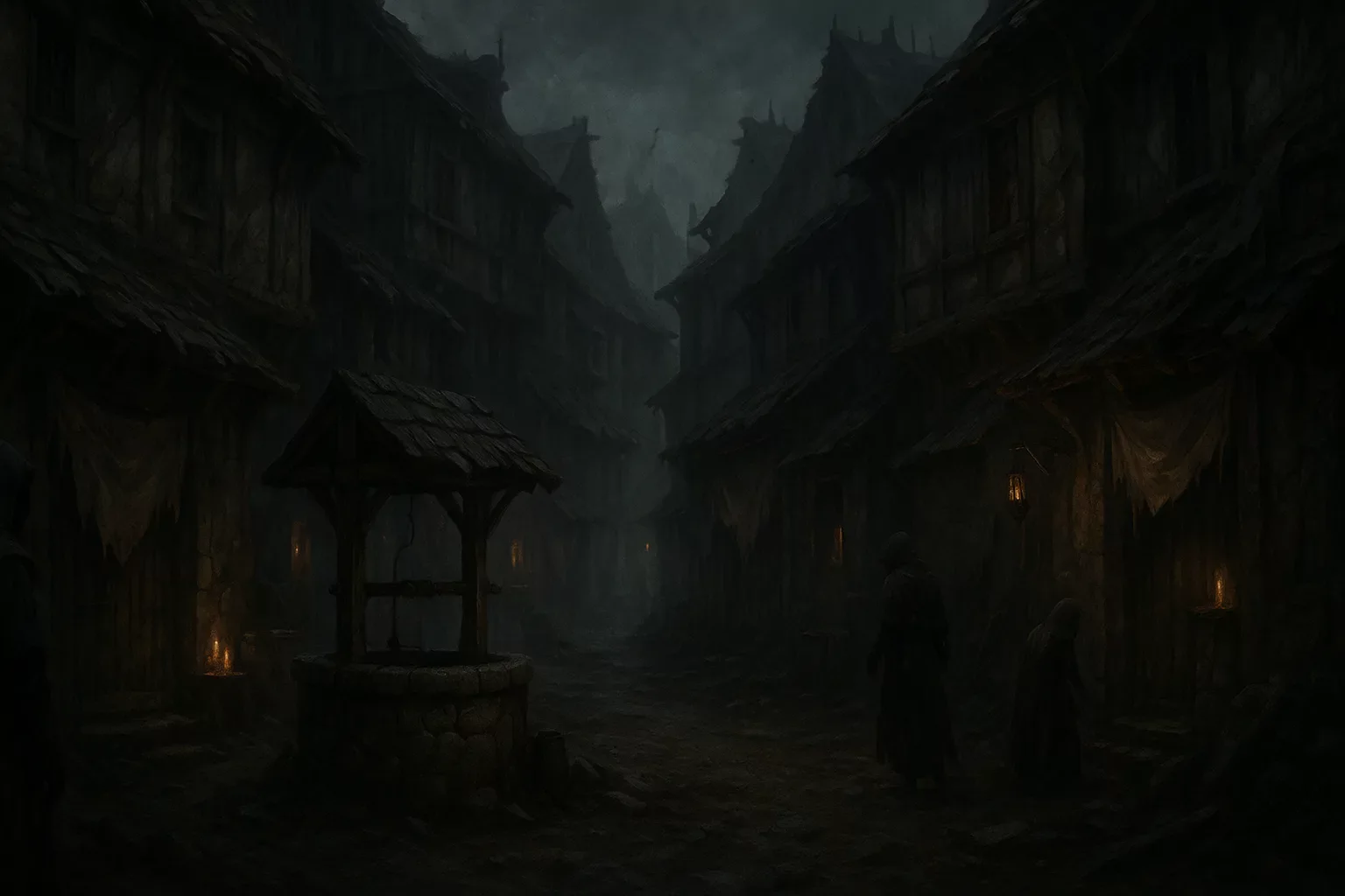 A narrow street in Ashfall's Lower District at dusk: an old stone well under a wooden roof, cloth nailed over the doorways, two hooded figures walking away