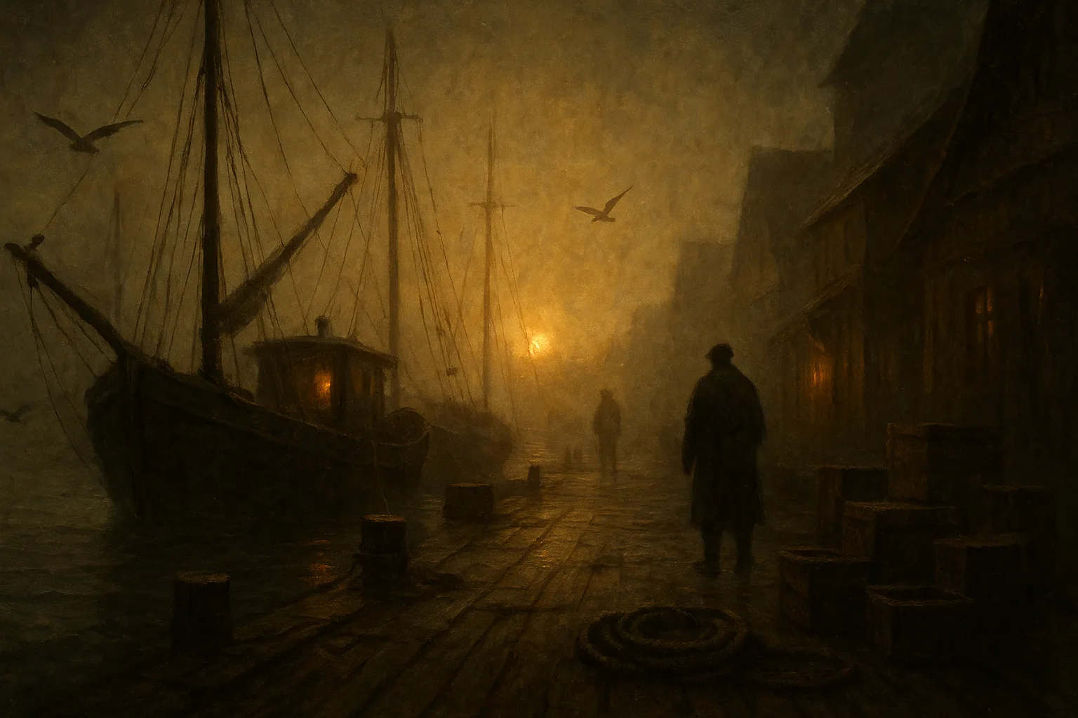 A harbour waterfront at dawn, boats at their moorings and low sun breaking through sea mist