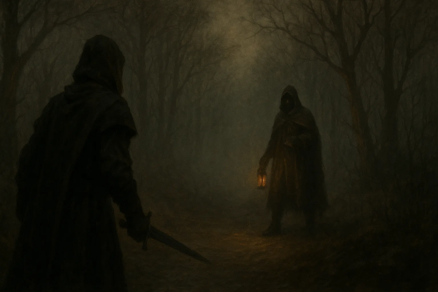 A lone traveller with a drawn blade facing a hooded bandit blocking a misty forest road at dusk