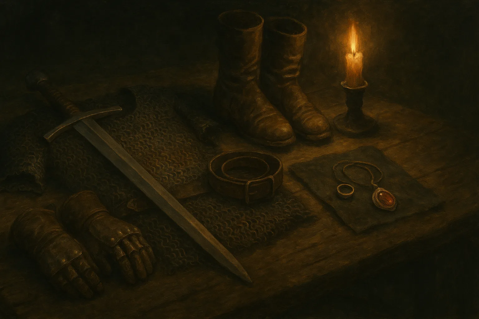 An adventurer's equipment laid out on a wooden table by candlelight: sword, mail, boots, gauntlets, belt and jewellery